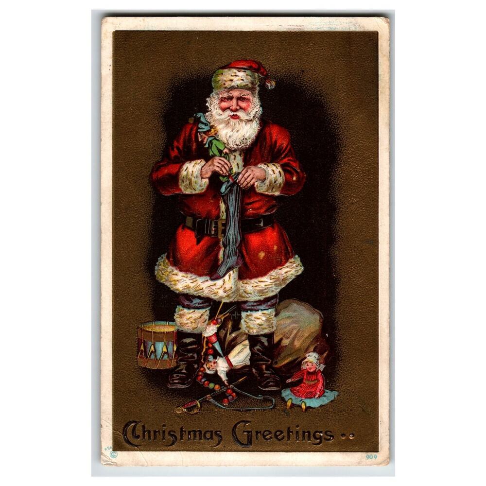 Vintage Embossed Santa Claus Christmas Greetings Postcard 1913 Bemidji MN